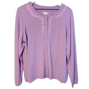 WORTHINGTON Sequence Bead Lavender Cardigan Faux Gem Buttons Women 1X.